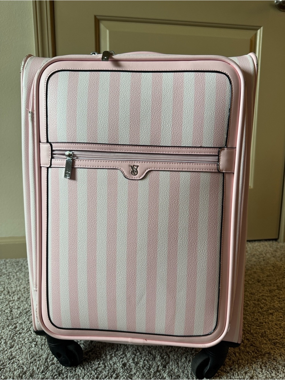 Victoria Secret Pink and White Striped Carry-On Spinner Luggage